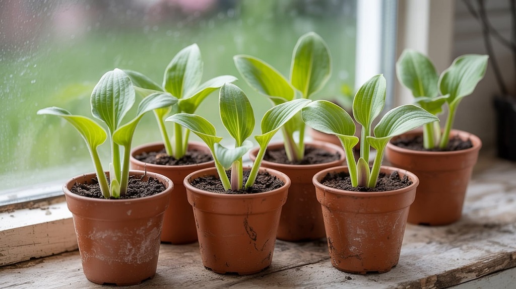 Young hosta seedlings sprouting in small pots, symbolizing the early stages of growing hostas from seed