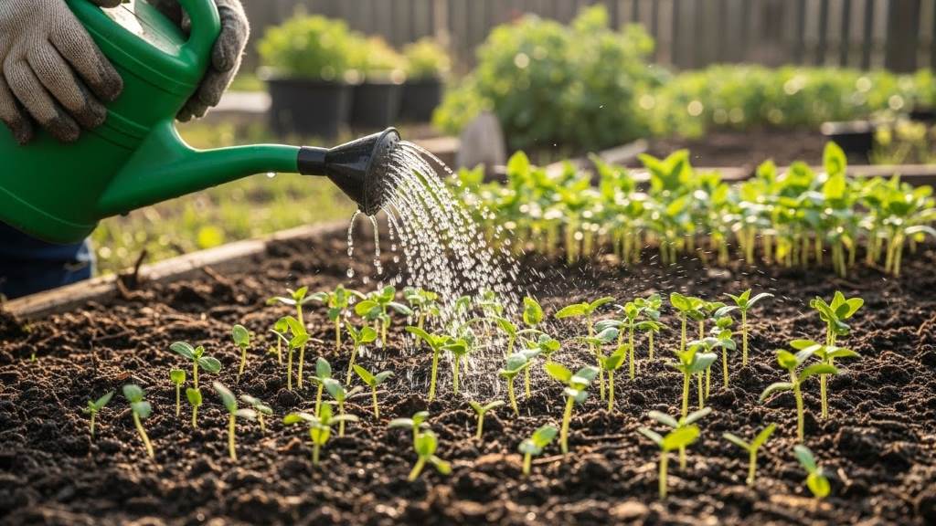 Gardener watering zinnia seedlings in well-drained soil outdoors