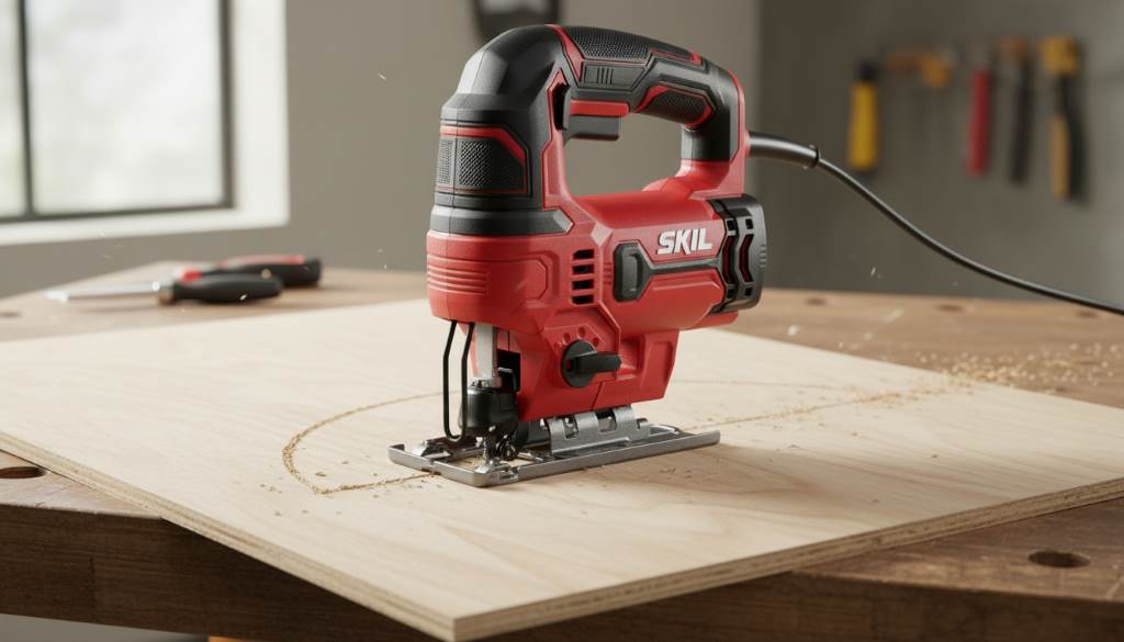 SKIL JS313101 5-Amp jigsaw making precise curved cut in plywood