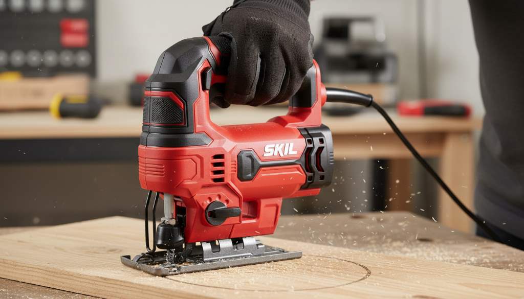 User comfortably gripping ergonomic handle of SKIL JS313101 during operation