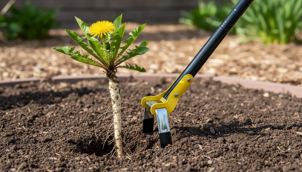 hand weeder extracting a dandelion with intact taproot from garden bed