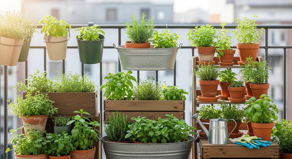 Close-up of basil and parsley in a container on a sunny balcony.