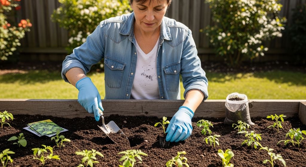 A home gardener using a hand trowel and wearing gloves while planting seedlings in a raised garden bed.