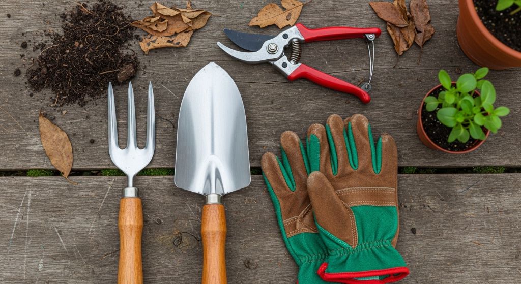 A collection of essential garden tools including a trowel, fork, pruning shears, and gloves arranged on a wooden surface.