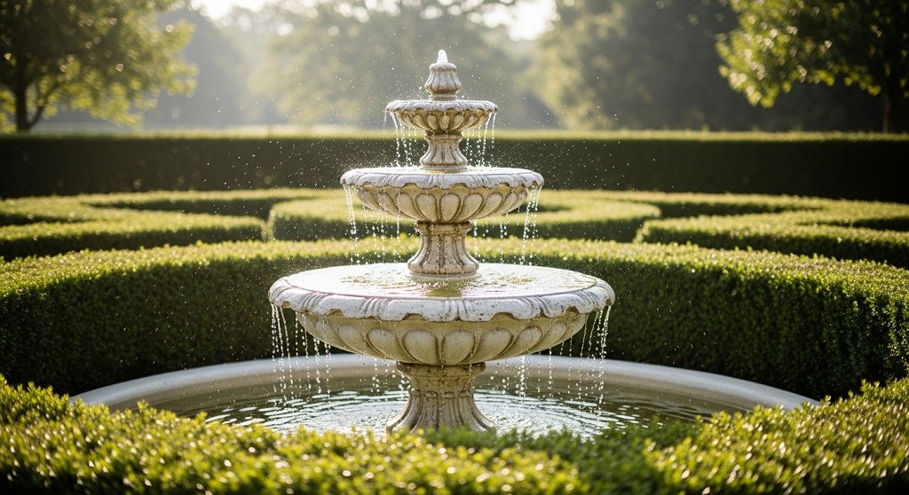 Top-down view of a geometric French garden design showing parterres and lavender borders.