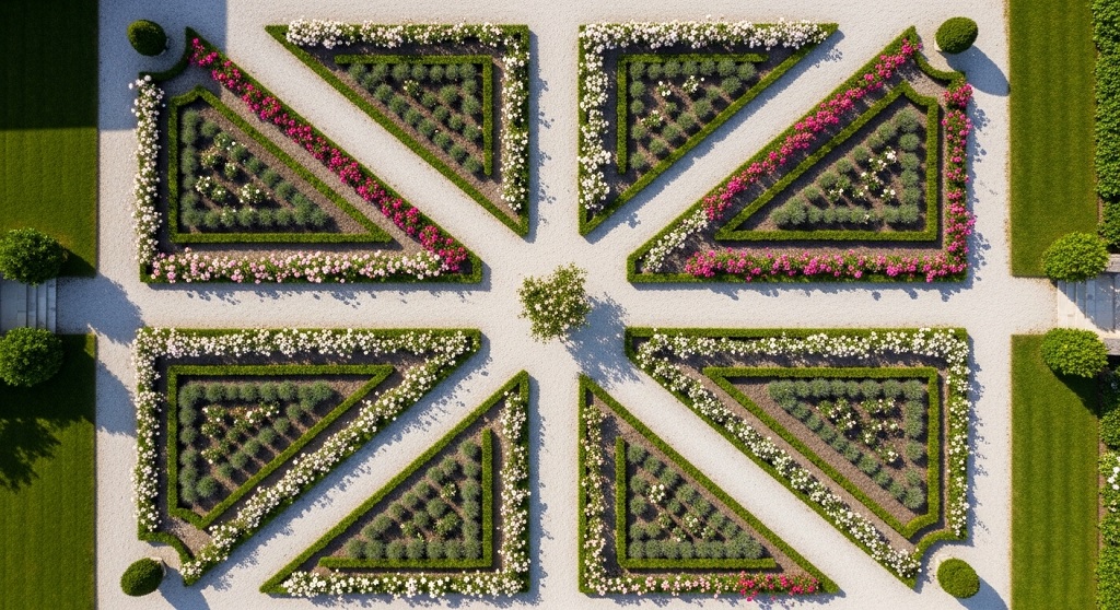 Classic stone tiered fountain focal point in a French-style decorative garden.