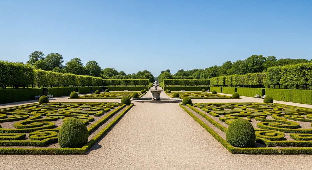 Symmetrical French formal garden layout with manicured boxwood hedges and a central gravel path under a clear blue sky.