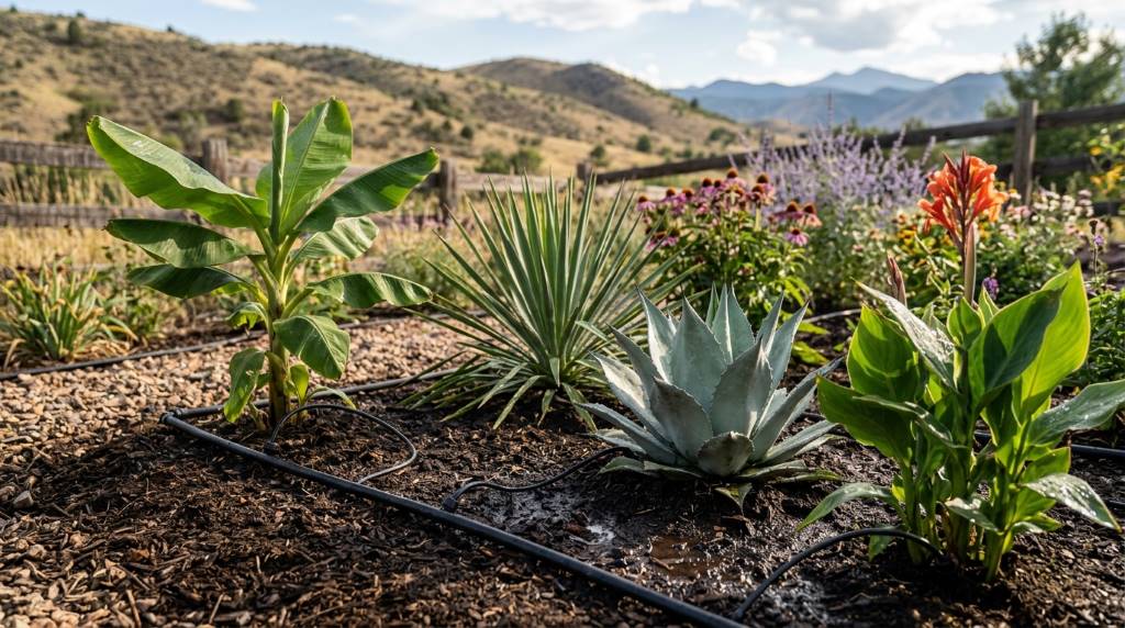 Exotic plants in a Denver garden being watered with drip irrigation system in dry climate