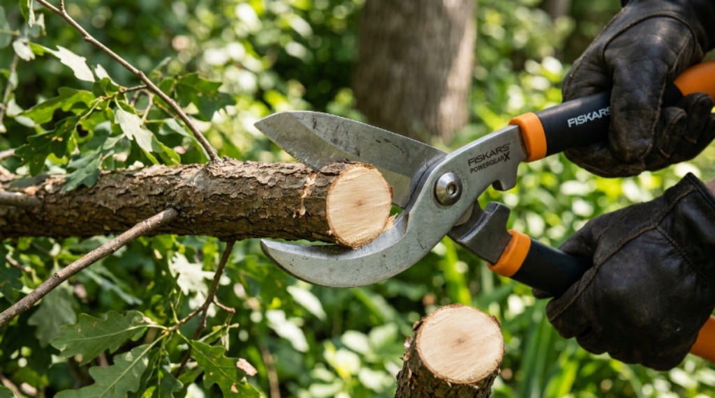 Close-up of quality lopper blades cutting through a thick branch showing clean precision cut