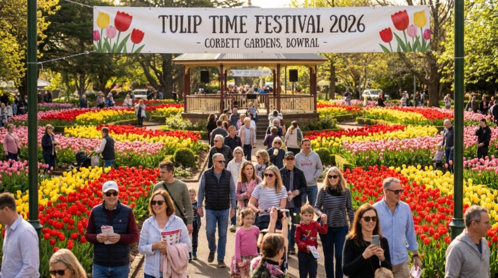 Visitors strolling through the Tulip Time Festival 2026 at Corbett Gardens Bowral surrounded by red yellow and pink tulips in spring