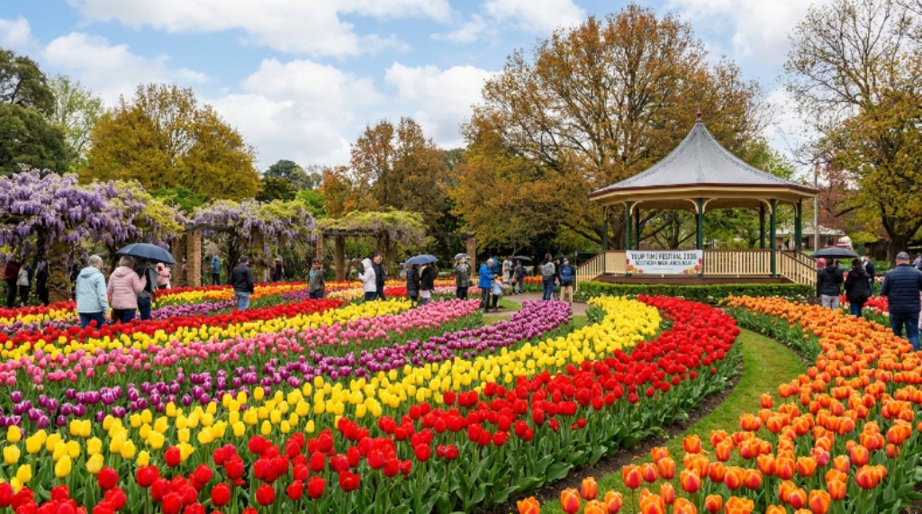 Rows of colourful tulips in full bloom at Corbett Gardens Bowral during the Tulip Time Festival 2026 in the Southern Highlands NSW
