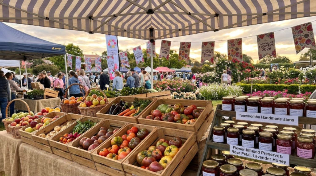 Fresh local produce, handmade jams, and flower-infused preserves displayed at the Toowoomba Farmers Market during the 2026 Carnival of Flowers