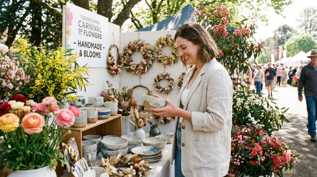 A visitor browsing handmade ceramic bowls and floral-themed crafts at a Toowoomba festival market stall surrounded by spring flowers