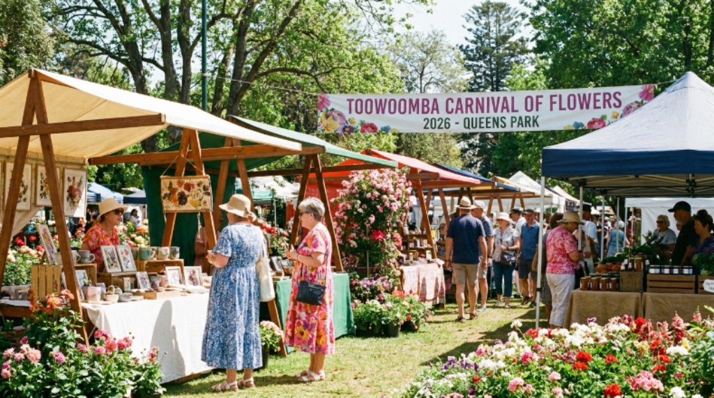 Colourful artisan market stalls with handmade botanical gifts and local produce at the Toowoomba Carnival of Flowers 2026 in Queens Park