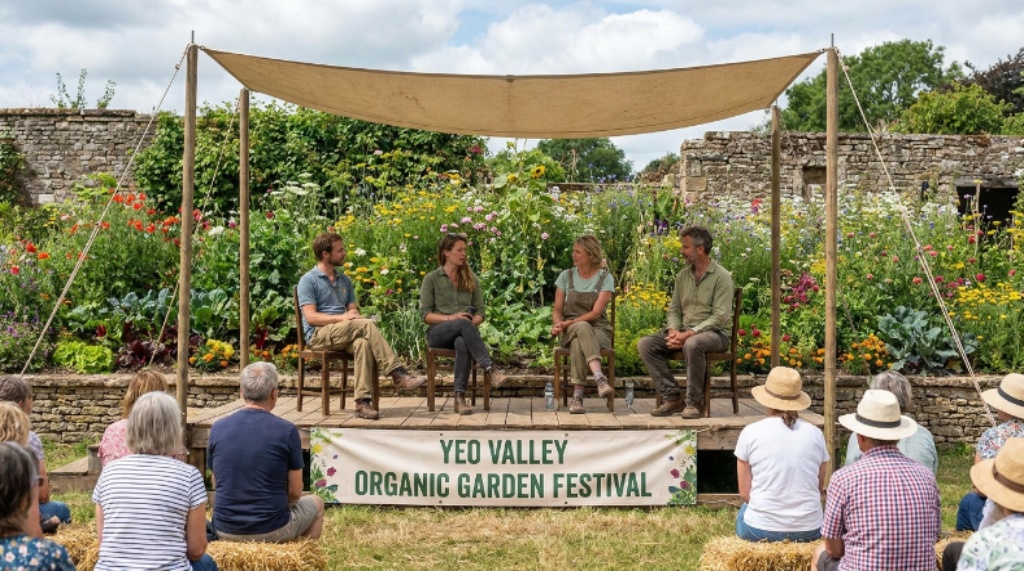 Expert speakers on stage at the Yeo Valley Organic Garden Festival with lush garden backdrop