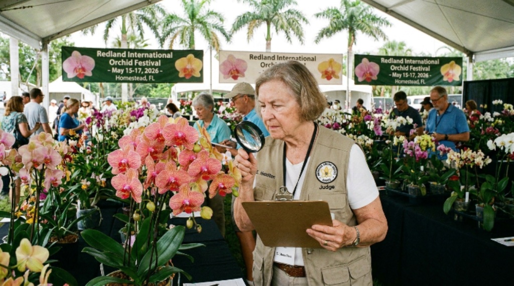 An American Orchid Society judge evaluating a flowering orchid plant for the bench show competition at the Redland International Orchid Festival 2026 in Homestead, FL