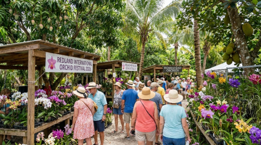 Visitors browsing orchid vendor stalls among tropical trees at the Redland International Orchid Festival 2026 at the Fruit and Spice Park, Homestead, Florida