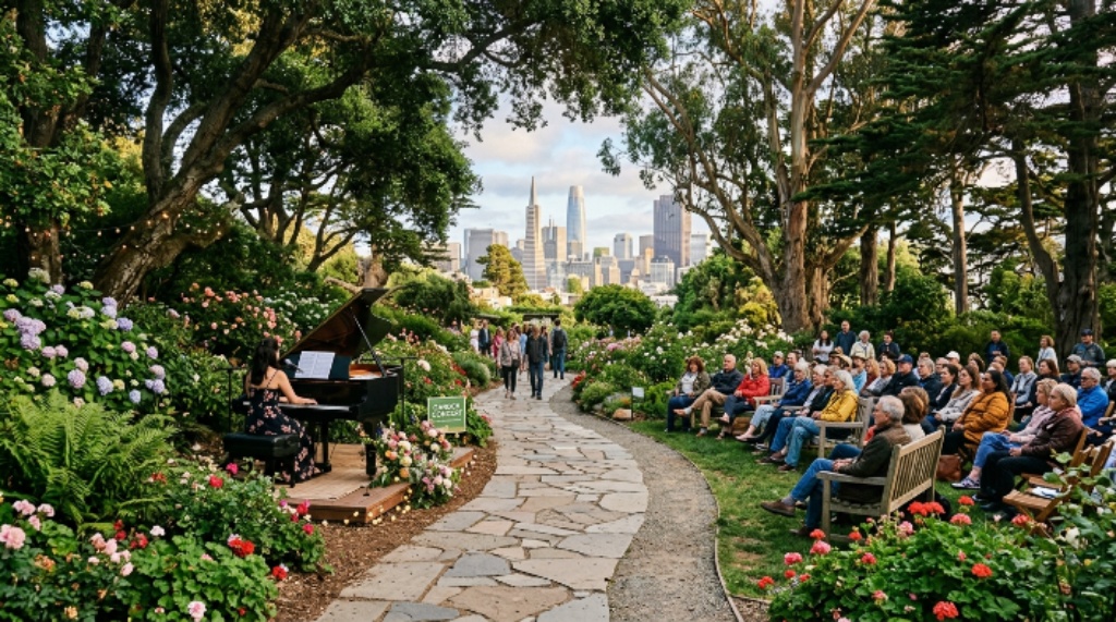 Garden pathway with piano performance under trees in San Francisco
