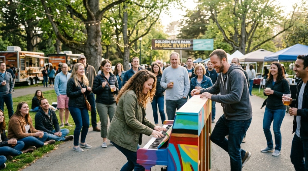 Visitors playing outdoor piano during Golden Gate Park music event
