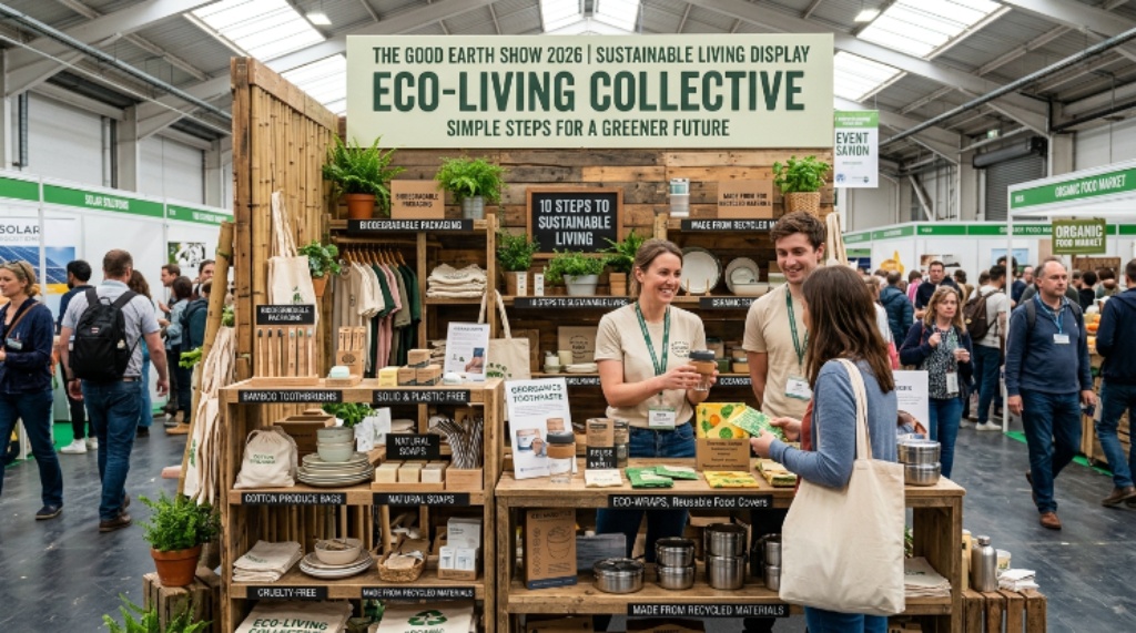 Sustainable living display with eco-friendly products at the Good Earth Show 2026