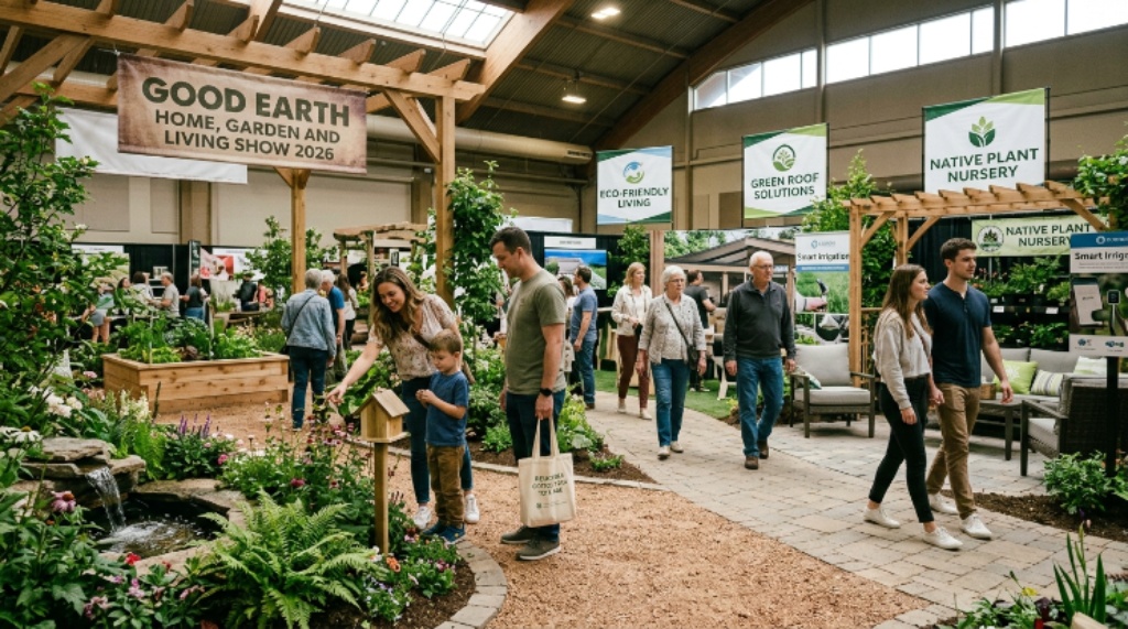 Visitors exploring garden and home exhibits at the Good Earth Home, Garden and Living Show 2026