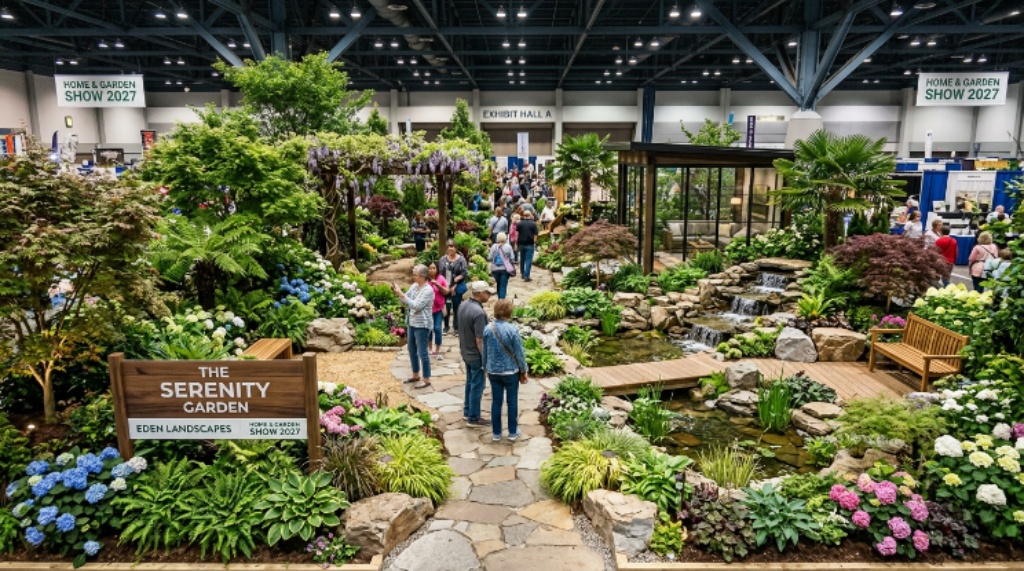 Indoor garden display featuring plants and landscape designs at the 2027 home and garden show