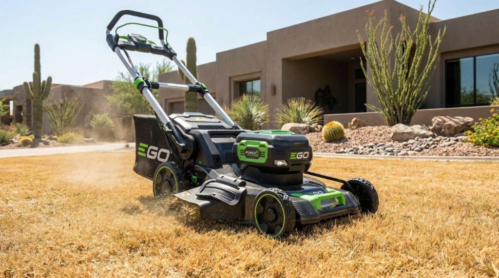 Cordless electric lawn mower cutting grass on a sunny Arizona yard.