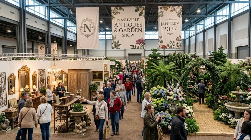 Visitors browsing curated antique collections and floral garden installations at the Nashville antiques and garden event in January 2027