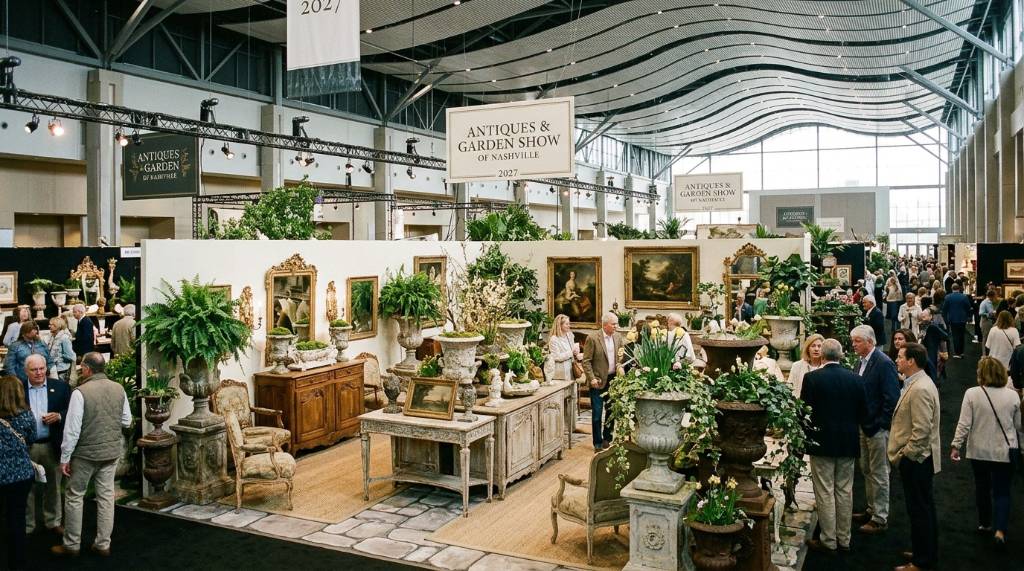 Elegant antique furniture and garden urns displayed at the Antiques and Garden Show of Nashville 2027 inside Music City Center
