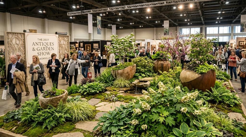 A lush indoor garden installation featuring native plants and sculptural containers at the 2027 Antiques and Garden Show of Nashville