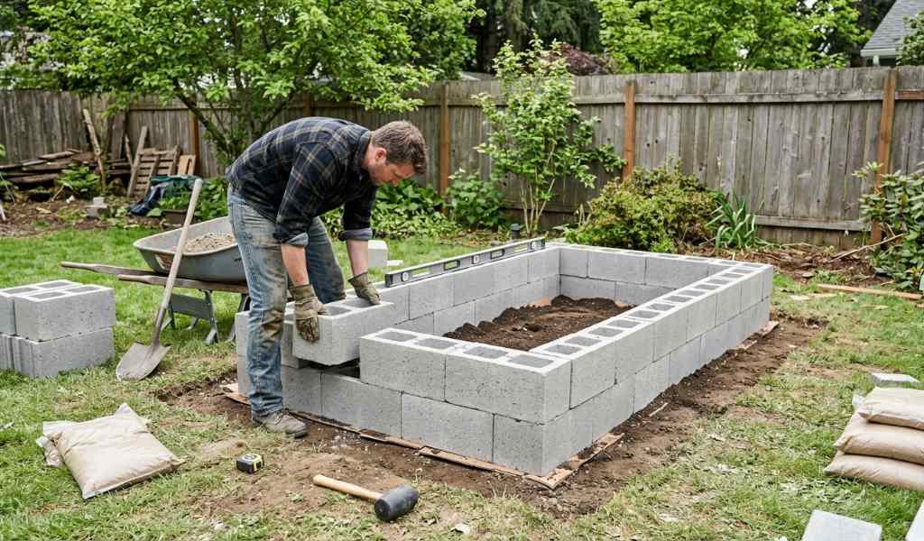 Cinder block raised garden bed in a backyard garden