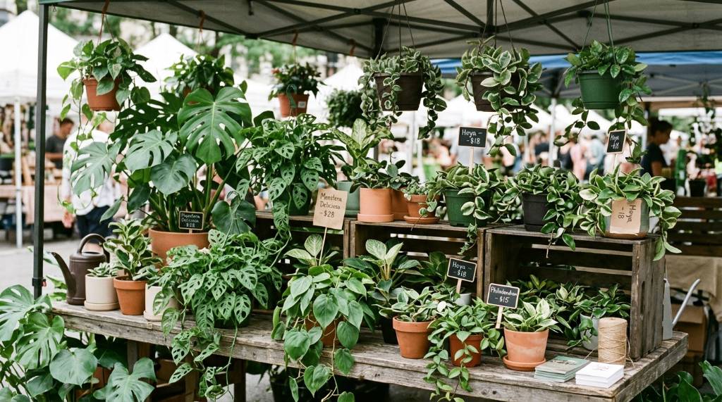 Monstera, philodendron, and hoya plants on a vendor display table