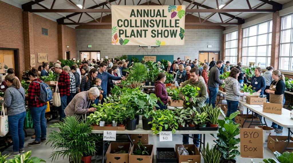 Shoppers browsing tables of tropical houseplants at a Collinsville plant show