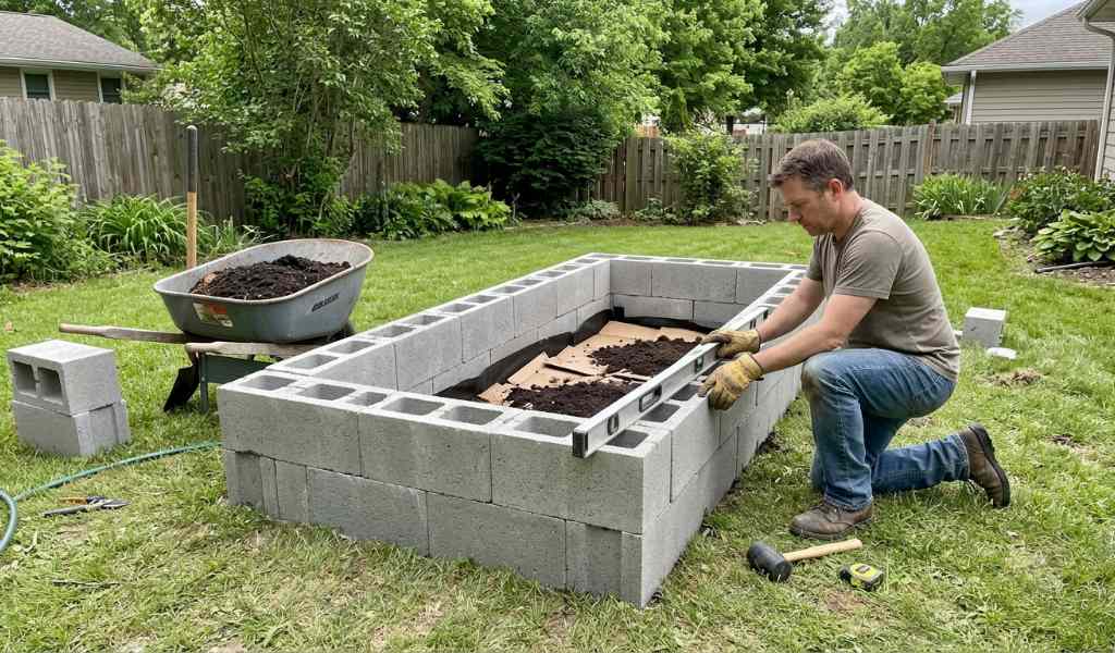 Preparing soil for a cinder block raised vegetable garden