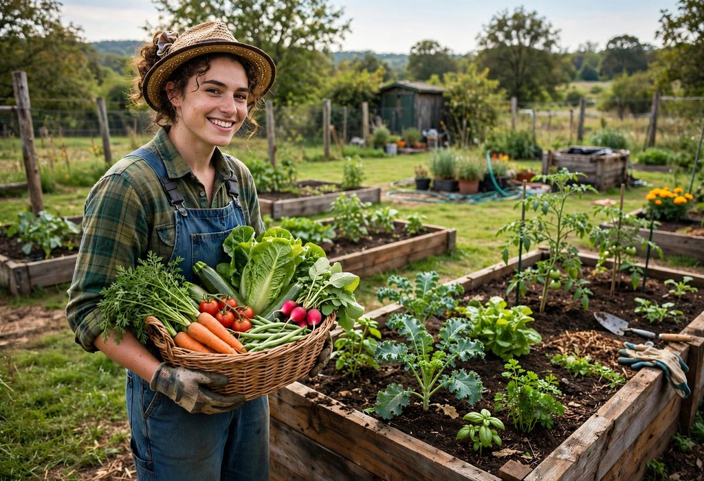 Beginner gardener holding a basket of freshly harvested vegetables beside a raised garden bed
