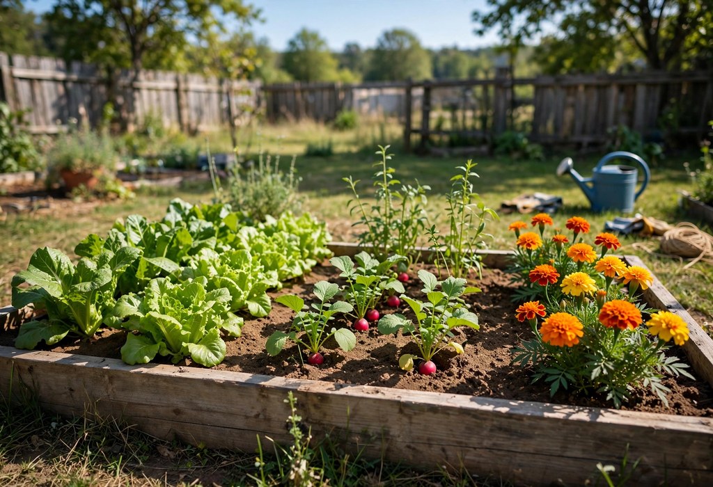 Beginner garden bed with lettuce, radishes, and marigolds in sunlight