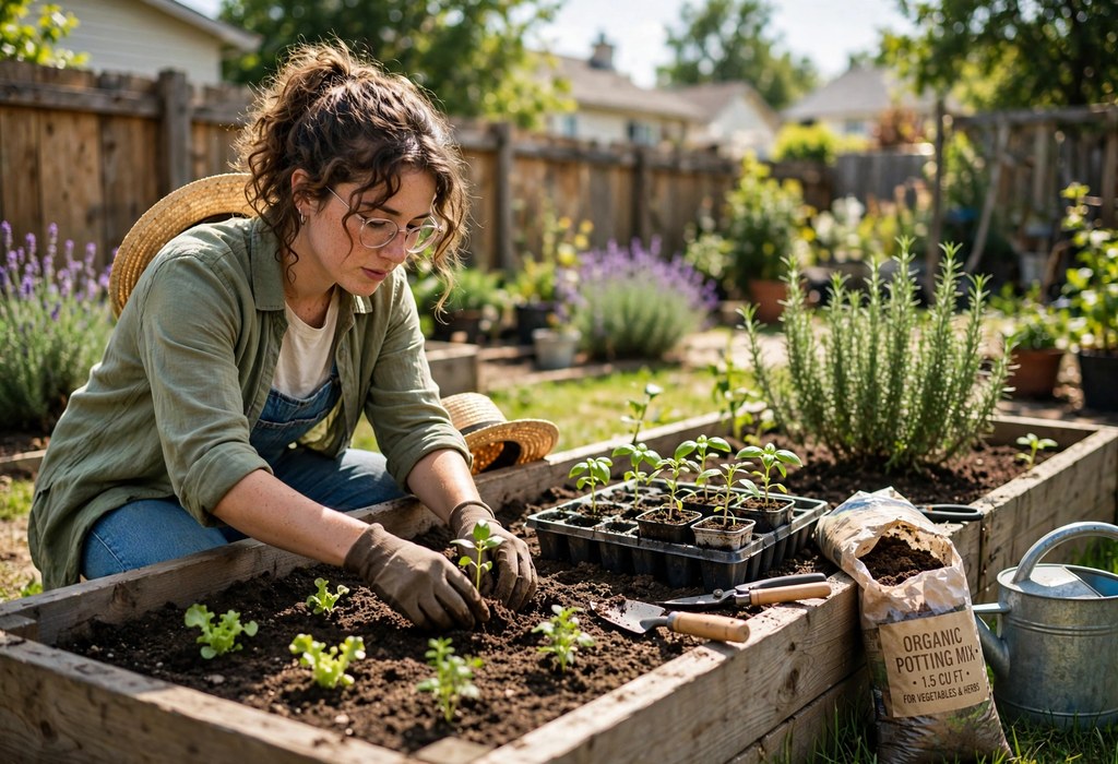 Beginner gardener planting seedlings in a sunny raised garden bed