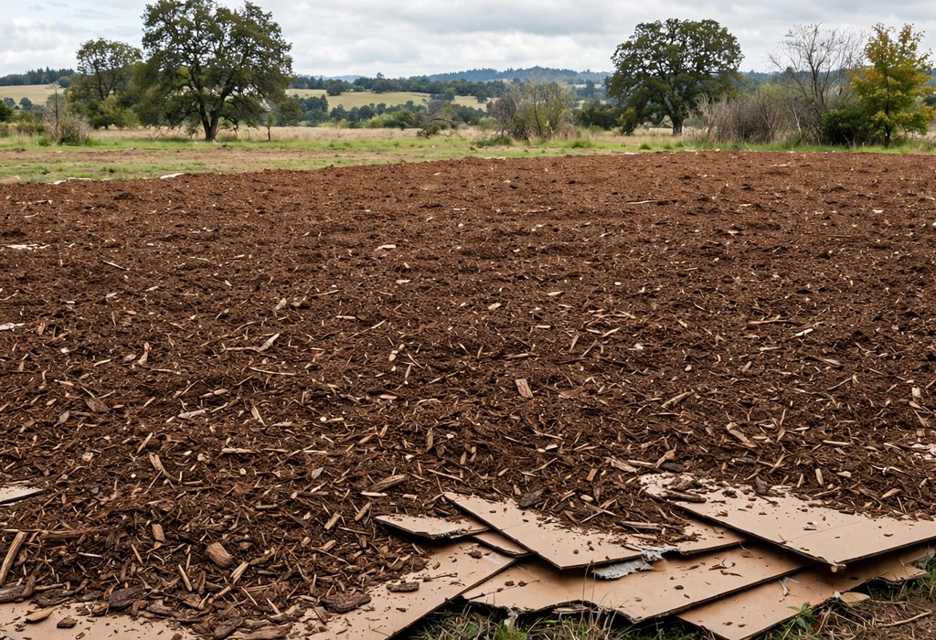 Cardboard sheets and mulch used to remove grass weeds over cleared soil