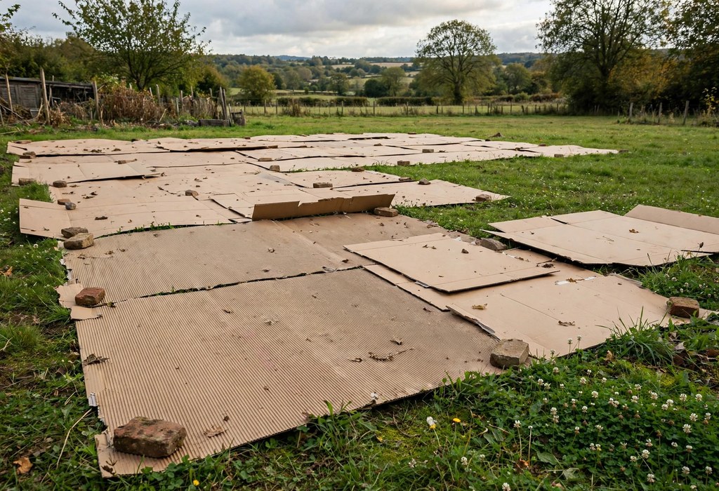 Cardboard sheets laid over grass before adding compost layers