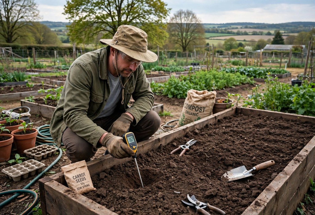 Gardener checking soil temperature in a garden bed before planting