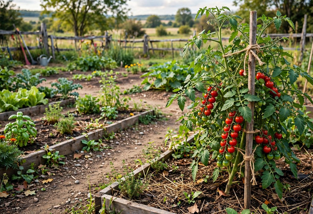 Cherry tomato plant with ripe fruit and a support stake in a garden bed