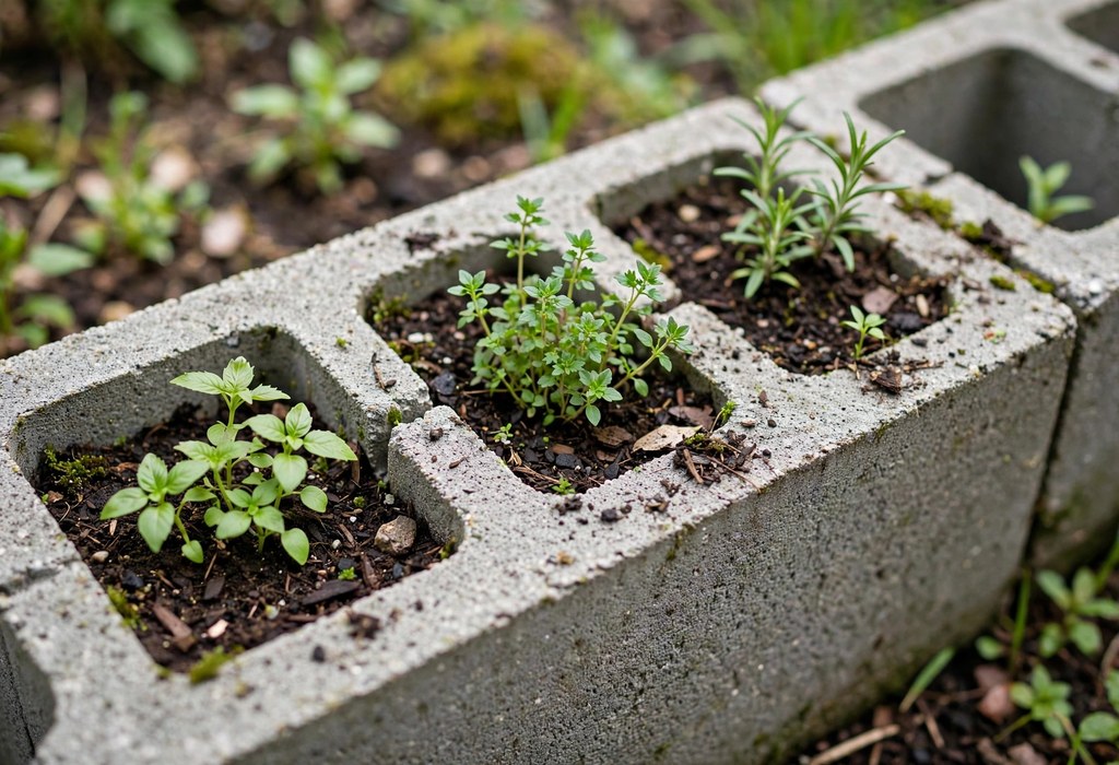 Close-up of cinder block raised bed cells filled with garden soil and young herb plants.