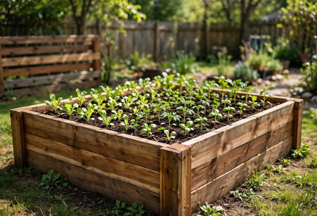 Close-up of dry-stacked cinder blocks forming a raised garden bed wall