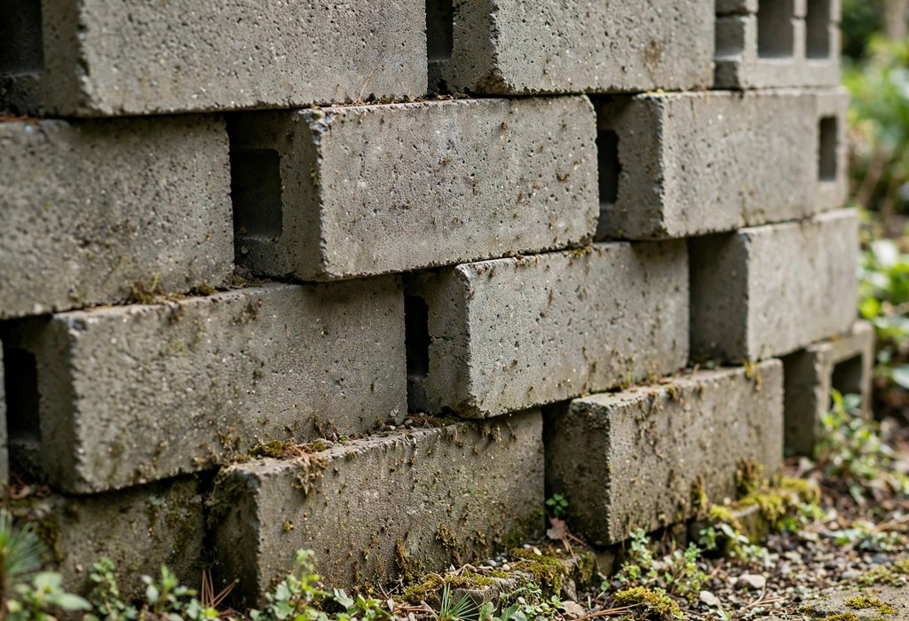 Close-up of staggered joints in a dry-stacked cinder block wall