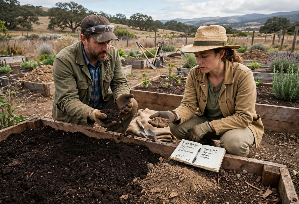 Gardeners comparing rich raised bed soil with native garden soil