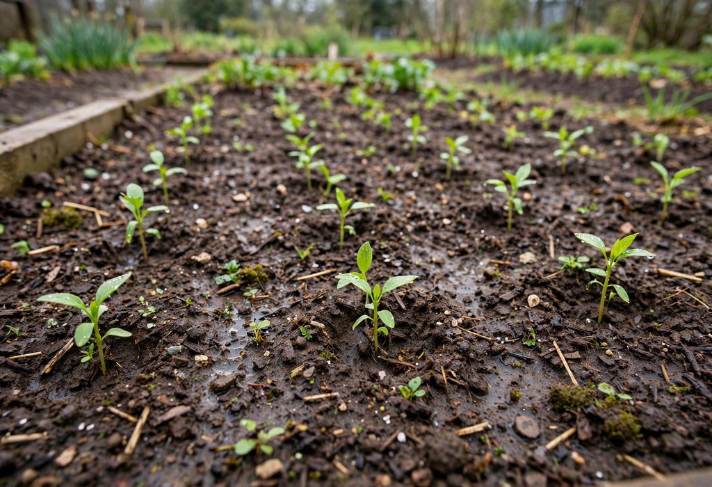 Close view of damp soil and young seedlings in a freshly planted garden bed