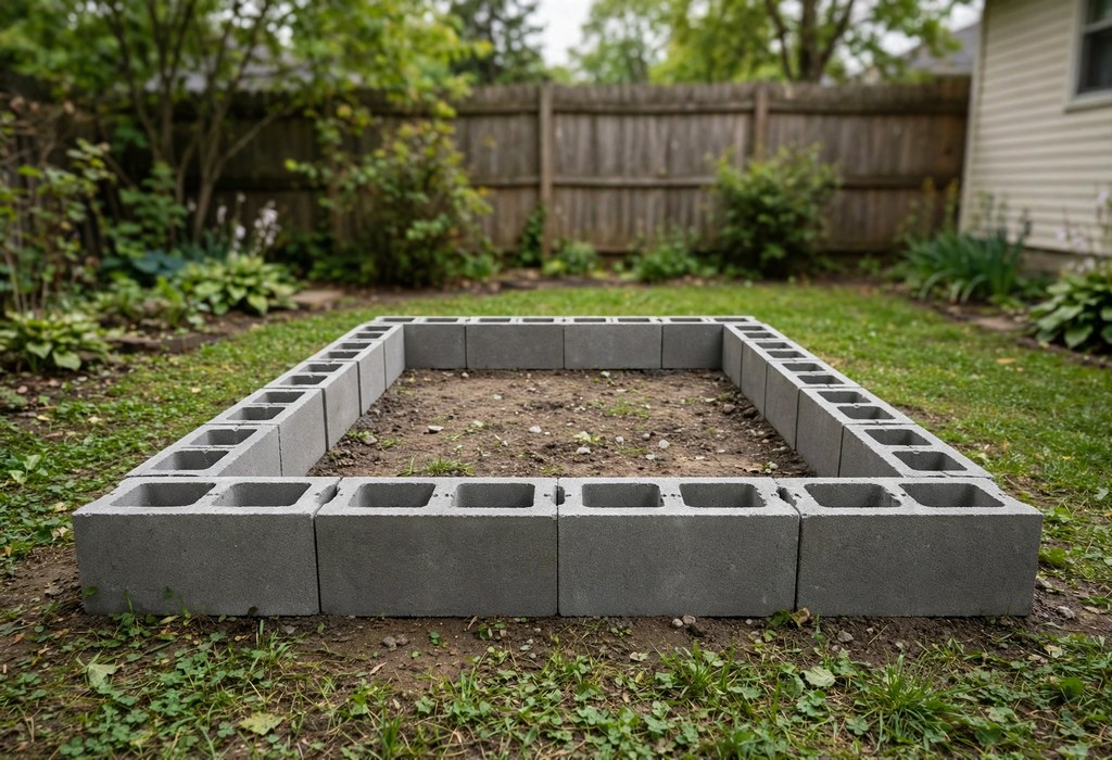 First course of cinder blocks forming a 4x8 garden bed rectangle