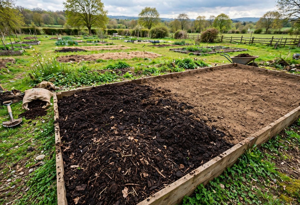 Fresh compost and loose soil prepared for a new garden bed