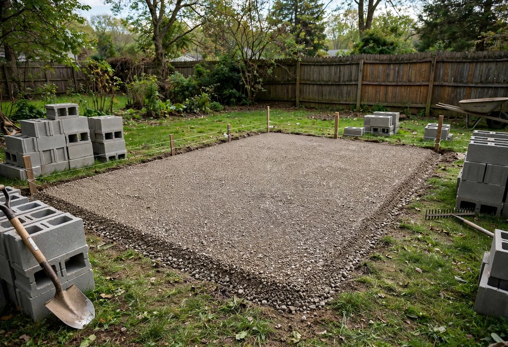 Freshly leveled gravel base ready for a cinder block raised garden bed