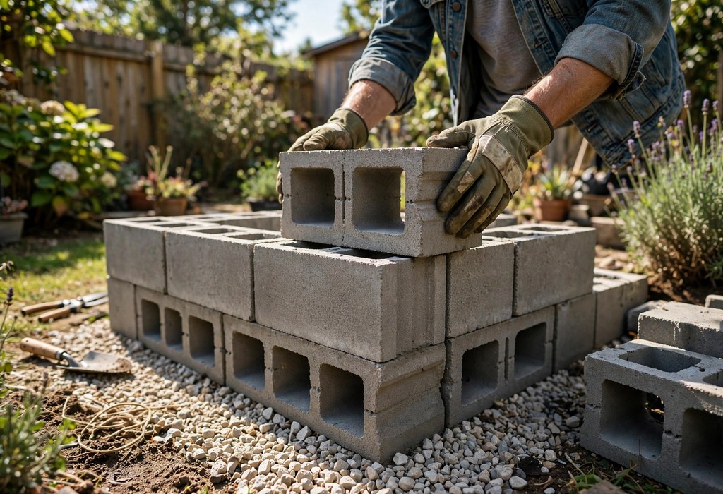 Gardener dry-stacking cinder blocks for a raised garden bed on a gravel base
